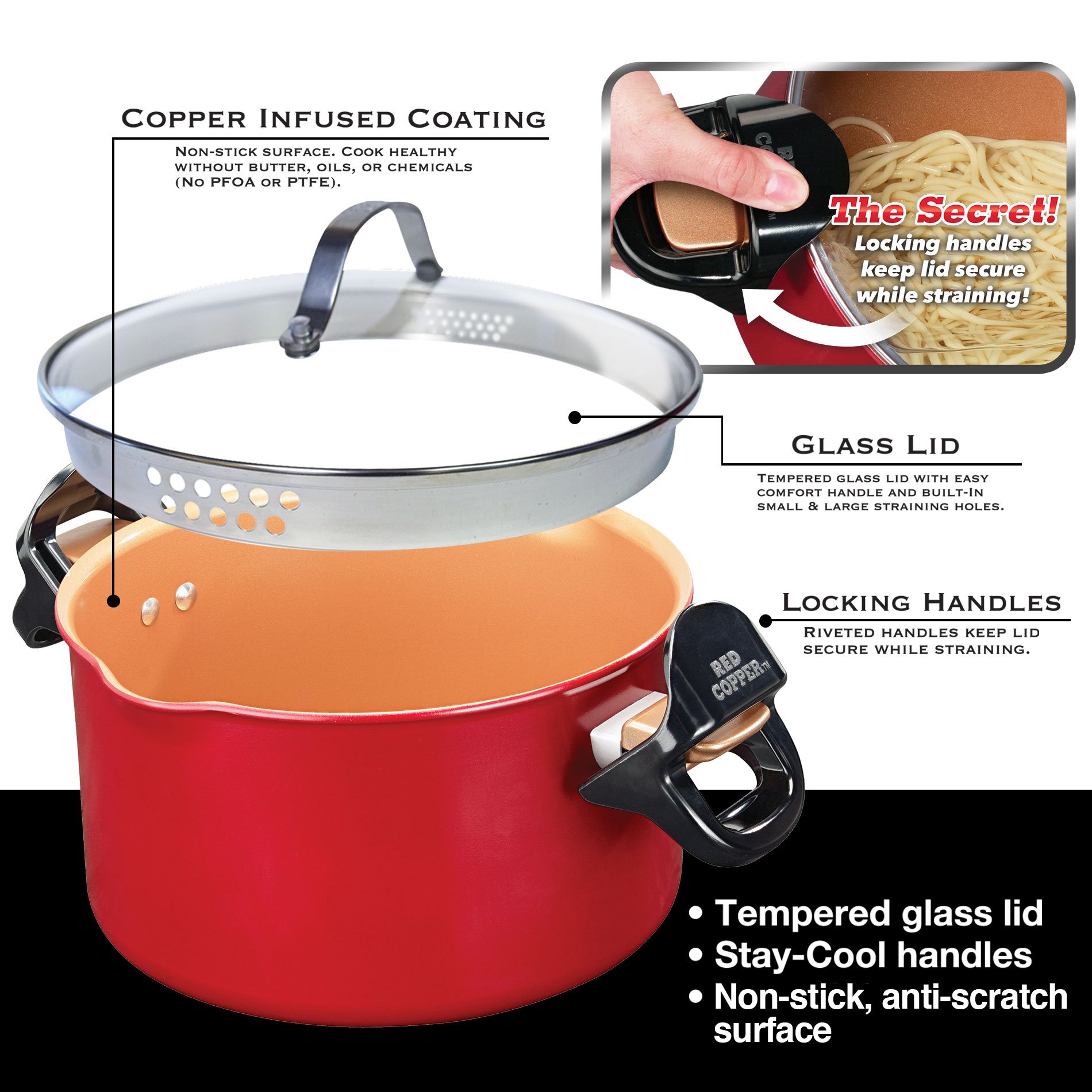 Red Copper Better Pasta Pot by BulbHead, Locking Handles and Straining