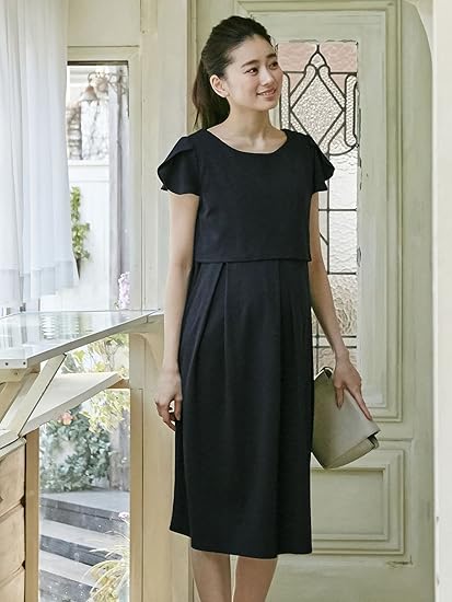 Amazon Co Jp Angeliebe エンジェリーベ マタニティ ワンピース 授乳口付き 接触冷感 コールド タッチ ポンチ フレア ワンピ 妊婦服 産前産後 半袖 L ネイビー 服 ファッション小物