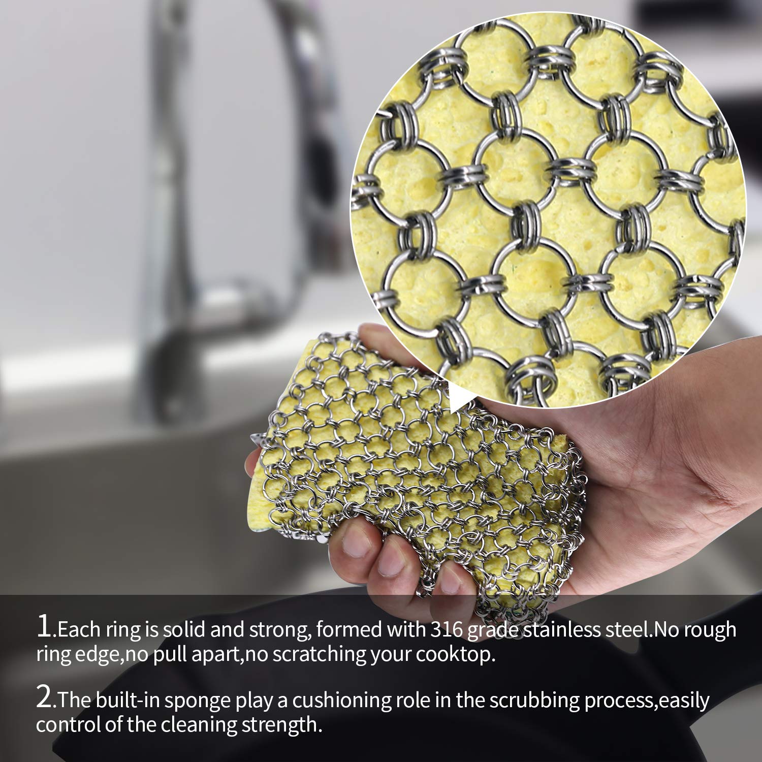 Tafond Cast Iron Skillet Cleaner with Wood Pulp Sponge Stainless Steel Chainmail Scrubber Cookware Pan Pot Dutch Oven Grill Scraper & Scrubber