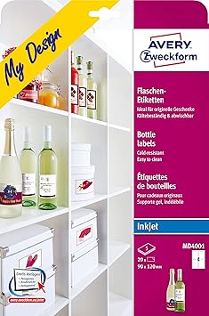 AVERY Zweckform MD4001 Flaschenetiketten (120x90 mm auf DIN A4, selbstklebend, bedruckbare Flaschenaufkleber für Glasflächen,