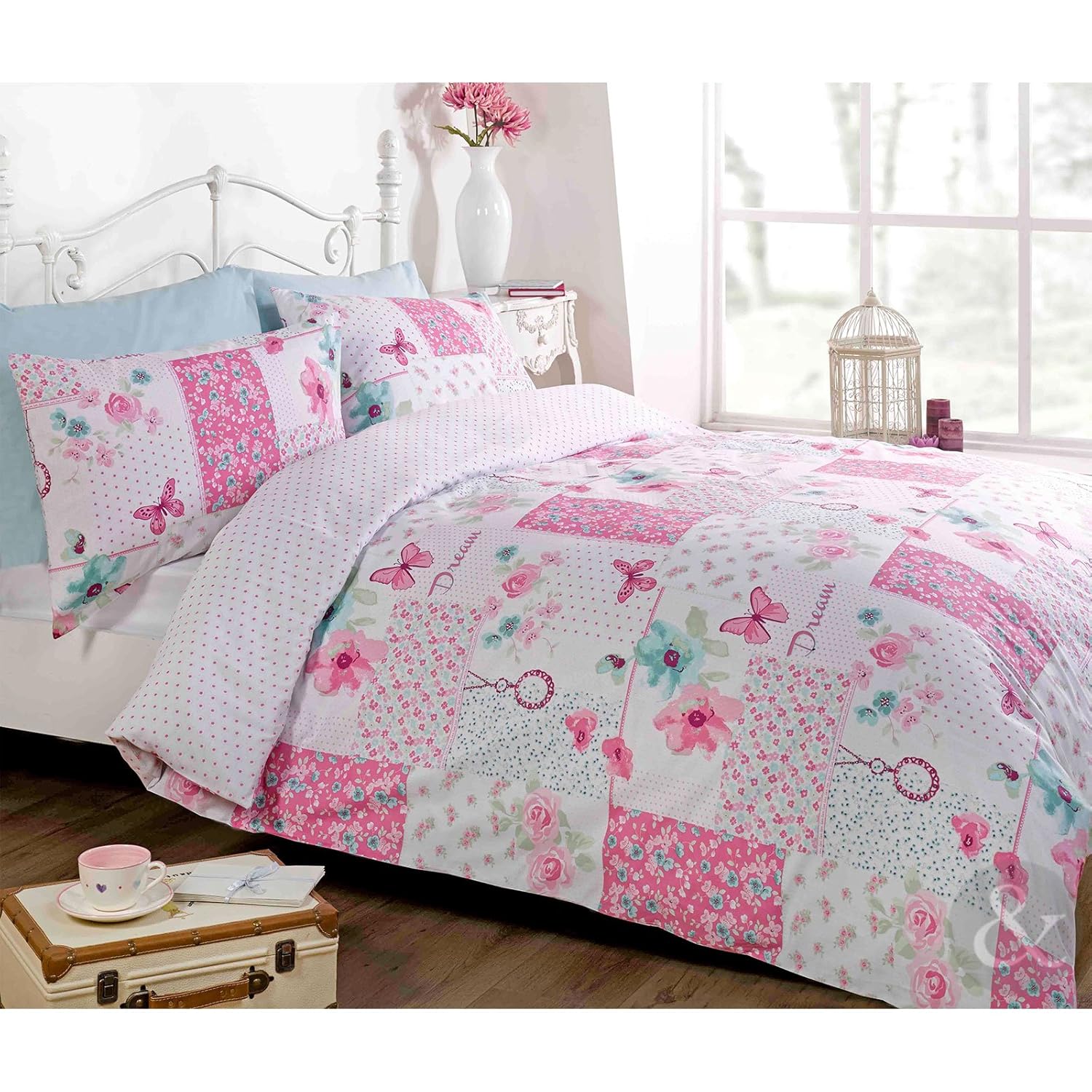 Just Contempo Butterfly Floral Patchwork Duvet Cover Set, King, Pink Amazon.co.uk Kitchen & Home