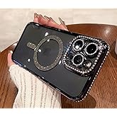 TETAW Cute for iPhone 15 Pro Max Magnetic Glitter Case,Luxury Bling Rhinestone Diamond Plated Bumper Case,Compatible with MagSafe, Sparkle Camera Lens Protection Clear Cover for Women Girls(Black)