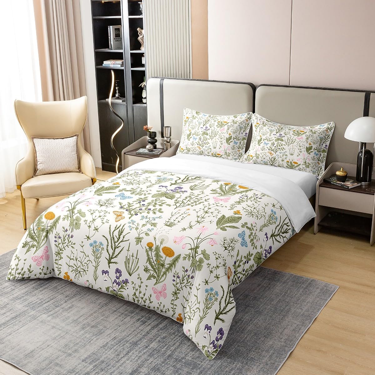 Floral Cotton Duvet Cover King Size, Rusric Flower Daisy Dandelion Bedding Set, Farmhouse Botanical Decorative Bedding Set for Kids Girls Boys Green Cream Duvet Set