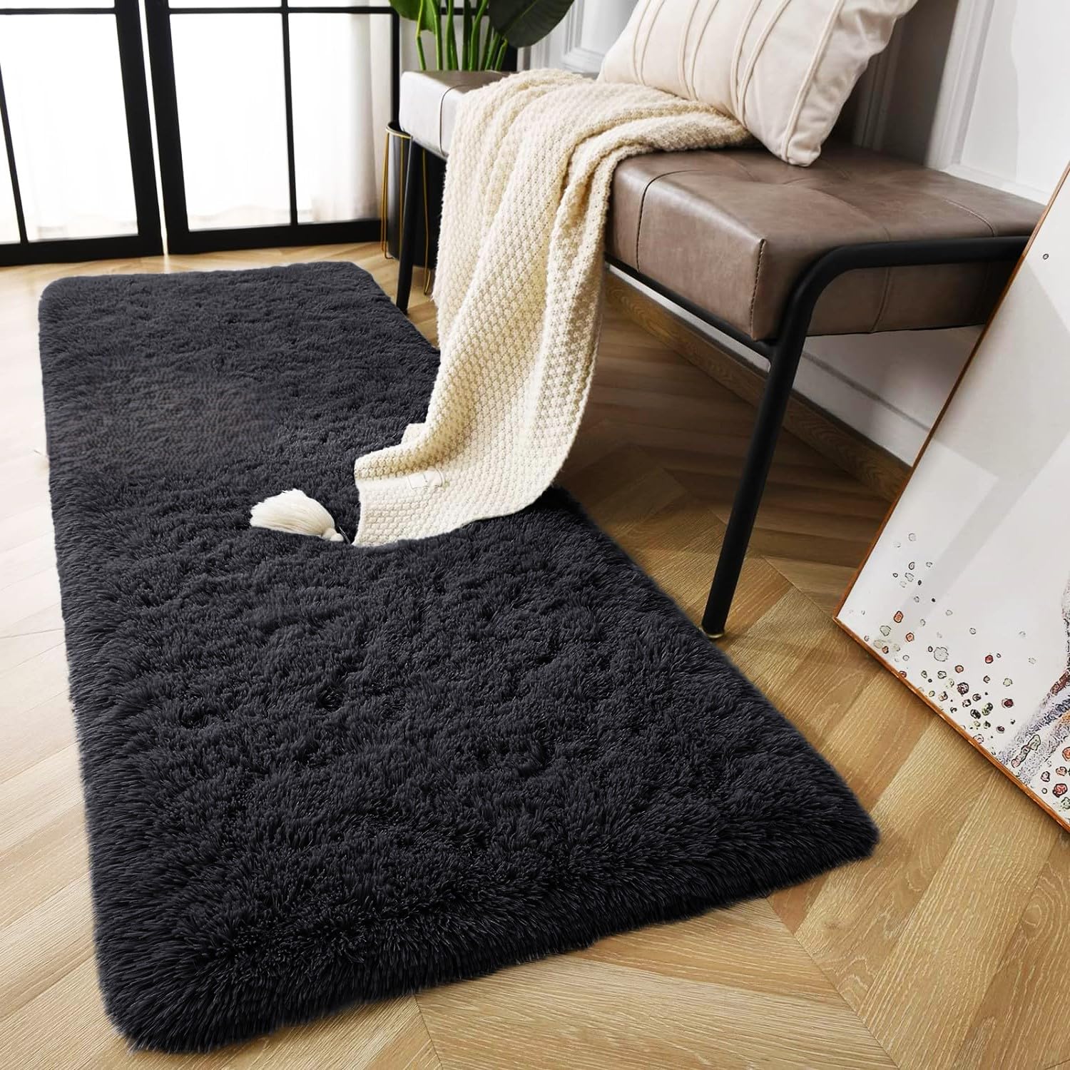 AMEHA Black Shaggy Runner Rug 80x300 cm Fluffy Soft Non Slip Extra Long Hallway Carpet Non-Shedding — image 1
