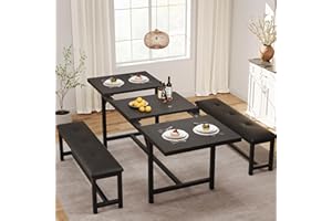 IDEALHOUSE Modern 63" Extendable Rectangle Dining Table Set for 4-6, 3-Piece Set with 2 Upholstered Benches, Space-Saving, St