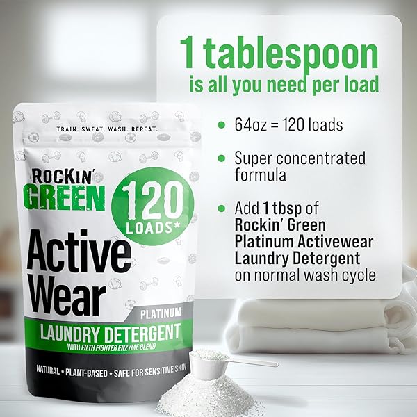 ROCKIN’ GREEN LAUNDRY DETERGENT, PLANT BASED, ALL NATURAL LAUNDRY DETERGENT POWDER, VEGAN AND BIODEGRADABLE ODOR FIGHTER, SAFE FOR SENSITIVE SKIN (ACTIVE WEAR 120 LOADS – UNSCENTED)