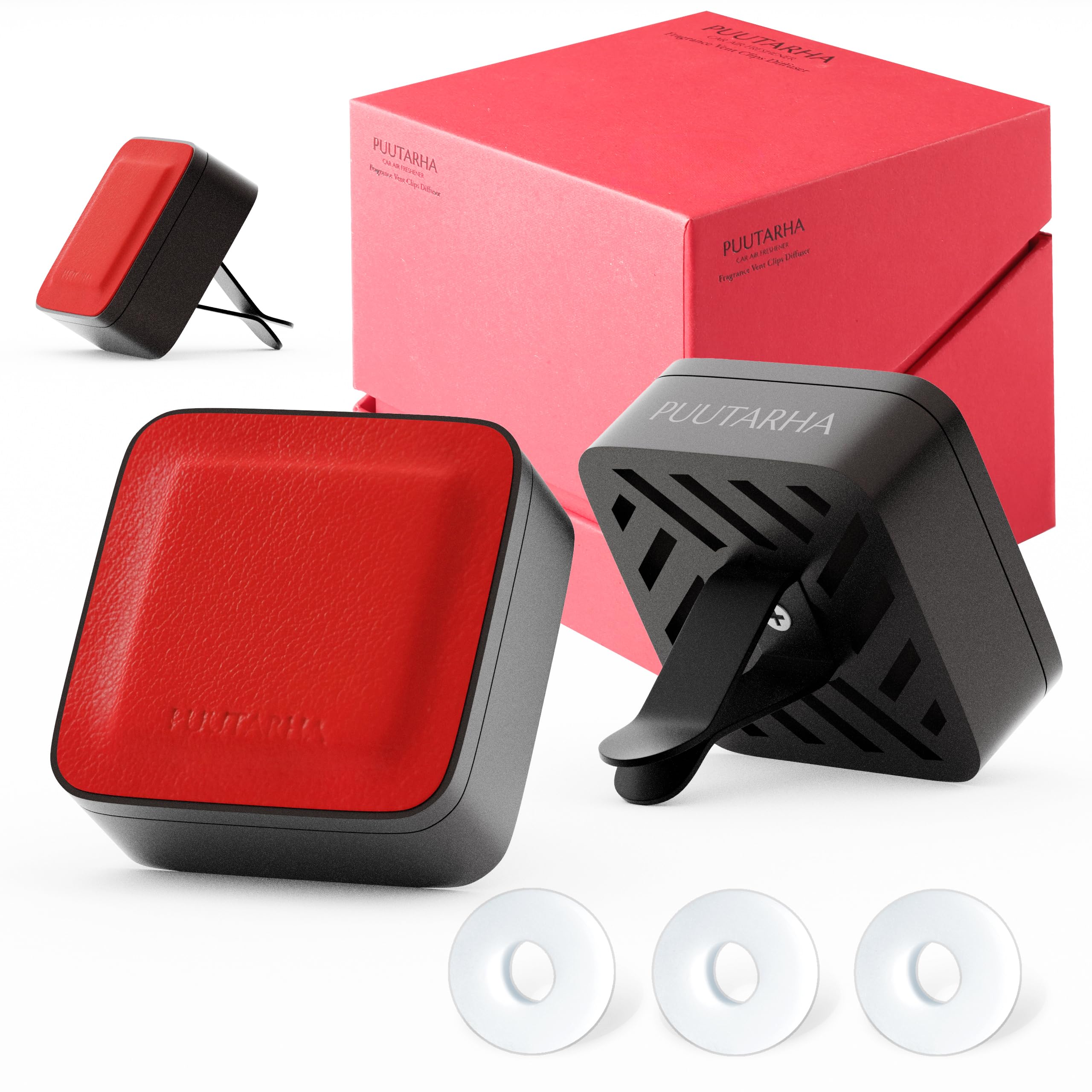 PUUTARHA 90 Days Long Lasting Car Air Freshener,Leather and Metal Design Scent Vent Clip Diffuser,New Natural Fragrance Diffuser for Car with 3 Refill Scented Discs and Gift Box(Lava Orange)