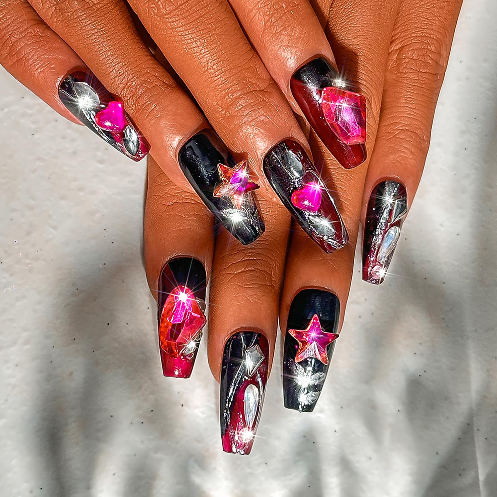 Sethexy Luxury Long Coffin False Nails Black Handmade Rhinestone Glossy Fake Nails 3D Crystal Acrylic Press On Nails Glitter Salon Quality Nail Removable for Women and Girls(N)