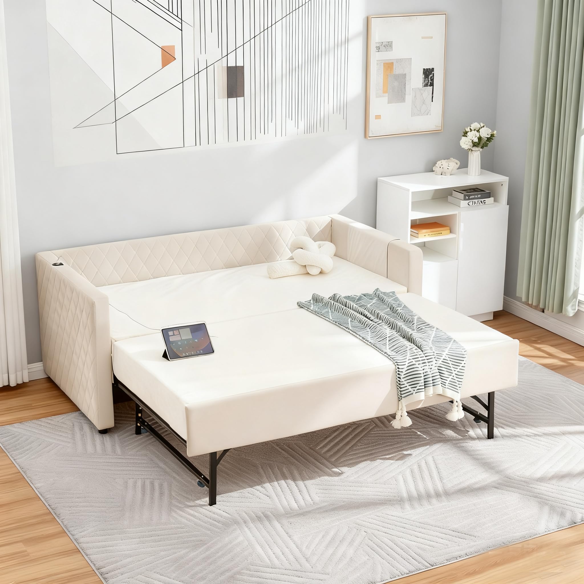 Photo 1 of DNYN Velvet Daybed with Pop-up Trundle and USB Ports for Bedroom/Guest Room, Space-Saving Wood Bed Frame with Side Storage Pockets, No Box Spring Needed-Beige