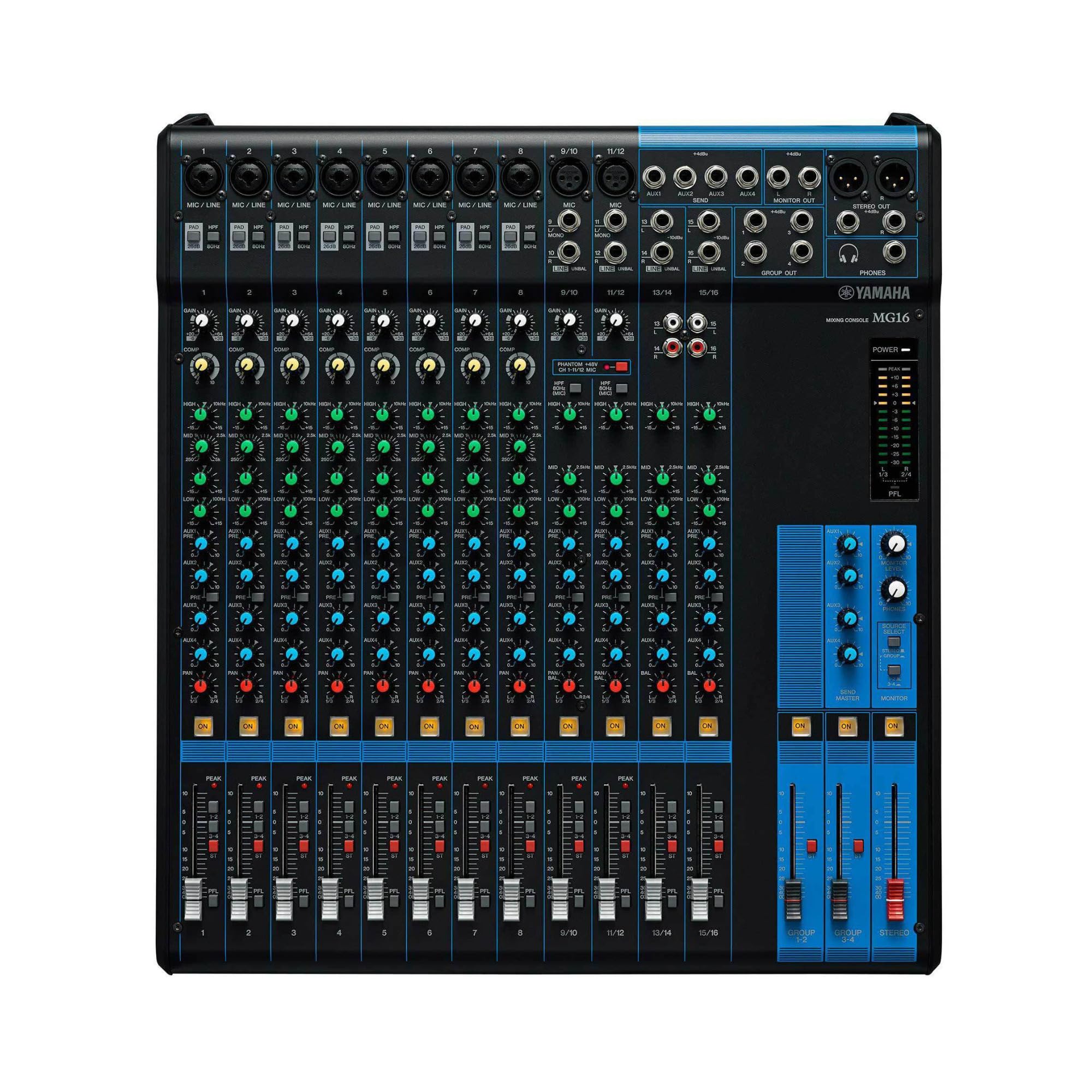 Yamaha MG16 Mixer - Compact mixer with 16 input channels, 4 group buses, 4 AUX, rack mount kit and D-PRE mic preamps