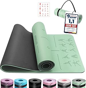 OUTDOUSE Yoga Matte, TPE Yogamatte Rutschfest Hautfreundliche Gymnastikmatte mit Ausrichtungslinien Sportmatte Dicke 6mm, Fitnessmatte Turnmatte Pilates Matte mit Tragegurt 183x61cm