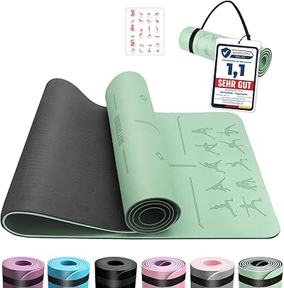 OUTDOUSE Yoga Matte, TPE Yogamatte Rutschfest Hautfreundliche Gymnastikmatte mit Ausrichtungslinien Sportmatte Dicke 6mm, Fitnessmatte Turnmatte Pilates Matte mit Tragegurt 183x61cm