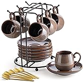 LYEOBOH 3 Ounce Espresso Cups and Saucers Set of 6, Ceramic Small Coffee Cups with Metal Holder and Spoons, Cute Demitasse Cups for Tea, Espresso, Latte, Cafe Mocha, Brown