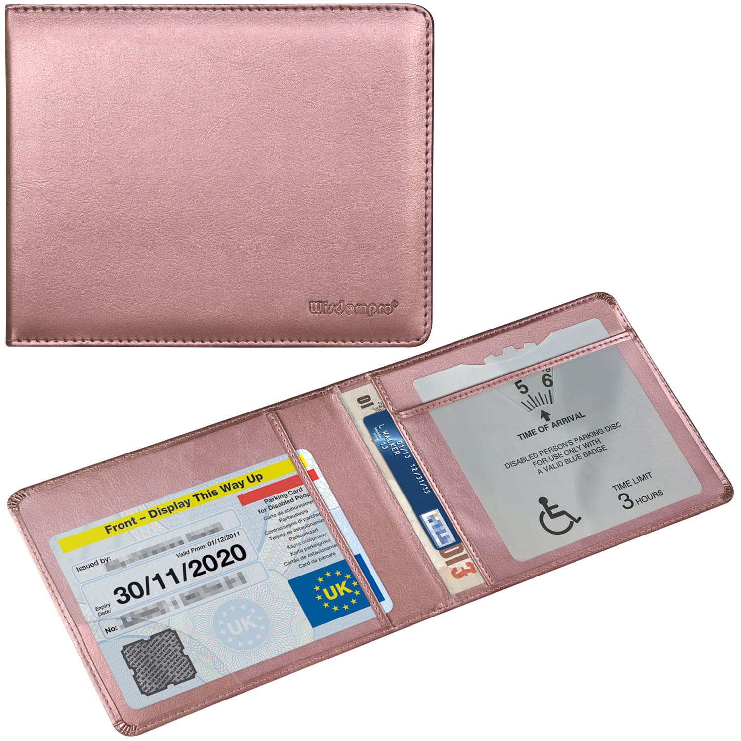 Wisdompro PU Leather Disabled Blue Badge and Timer Holder, Blue Badge Holder, Disabled Badge Holder Wallet for Car Disability Parking Badge Cover Holder Hologram Safe - Rose Gold