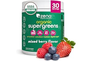 Zena Nutrition Organic Super Greens Powder, 70+ Superfoods, 0 Sugar, 3G Fiber, Spirulina, Chlorella, Antioxidants, Prebiotics/Probiotics, Digestive Enzymes, Mixed Berry, 30 Servings