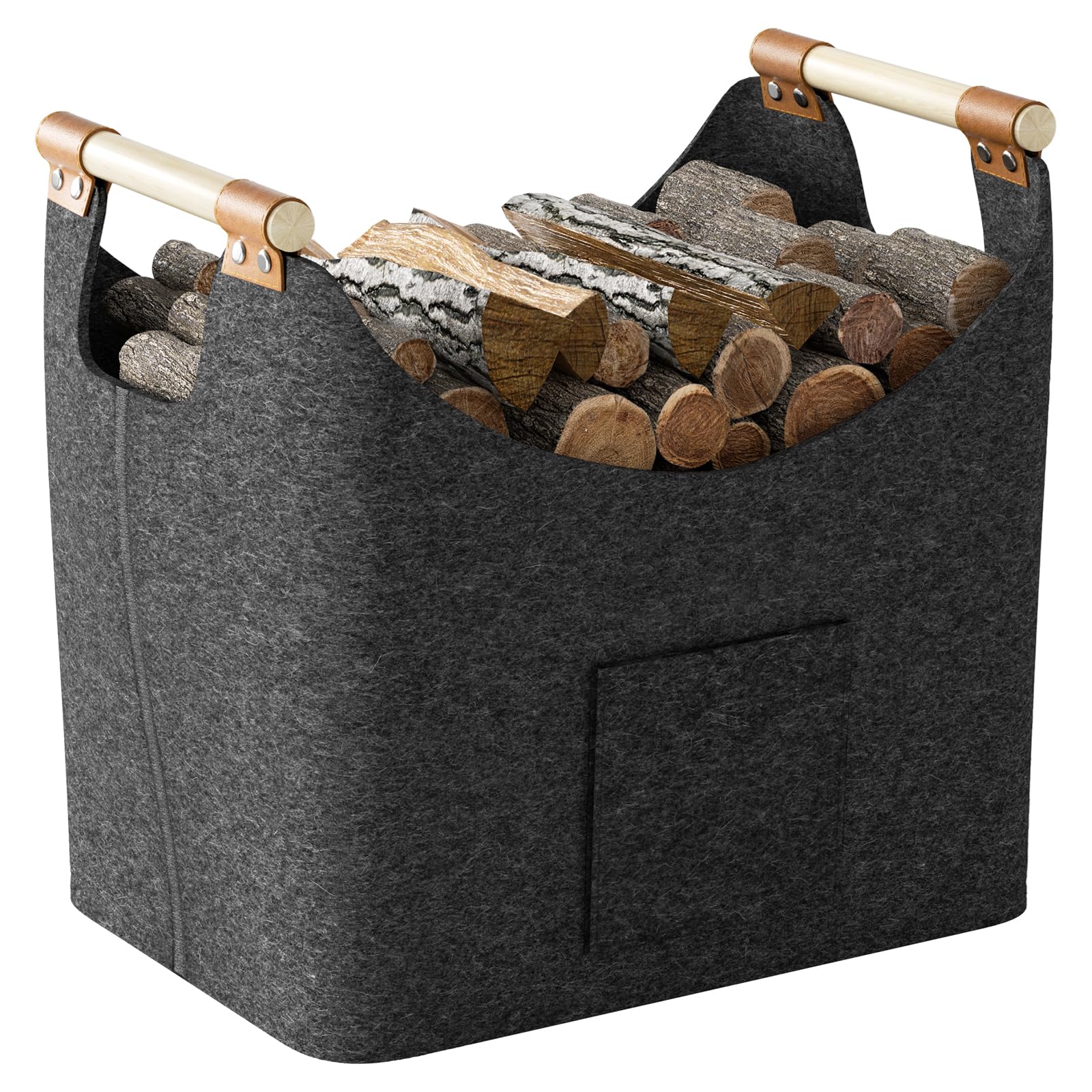 Log Basket, XL Felt Firewood Baskets Extra Thick and Foldable Log Basket for Wood Burner Indoor with Extended Handles for Fireplace Accessories, Shopping, Books, Toy, Clothes