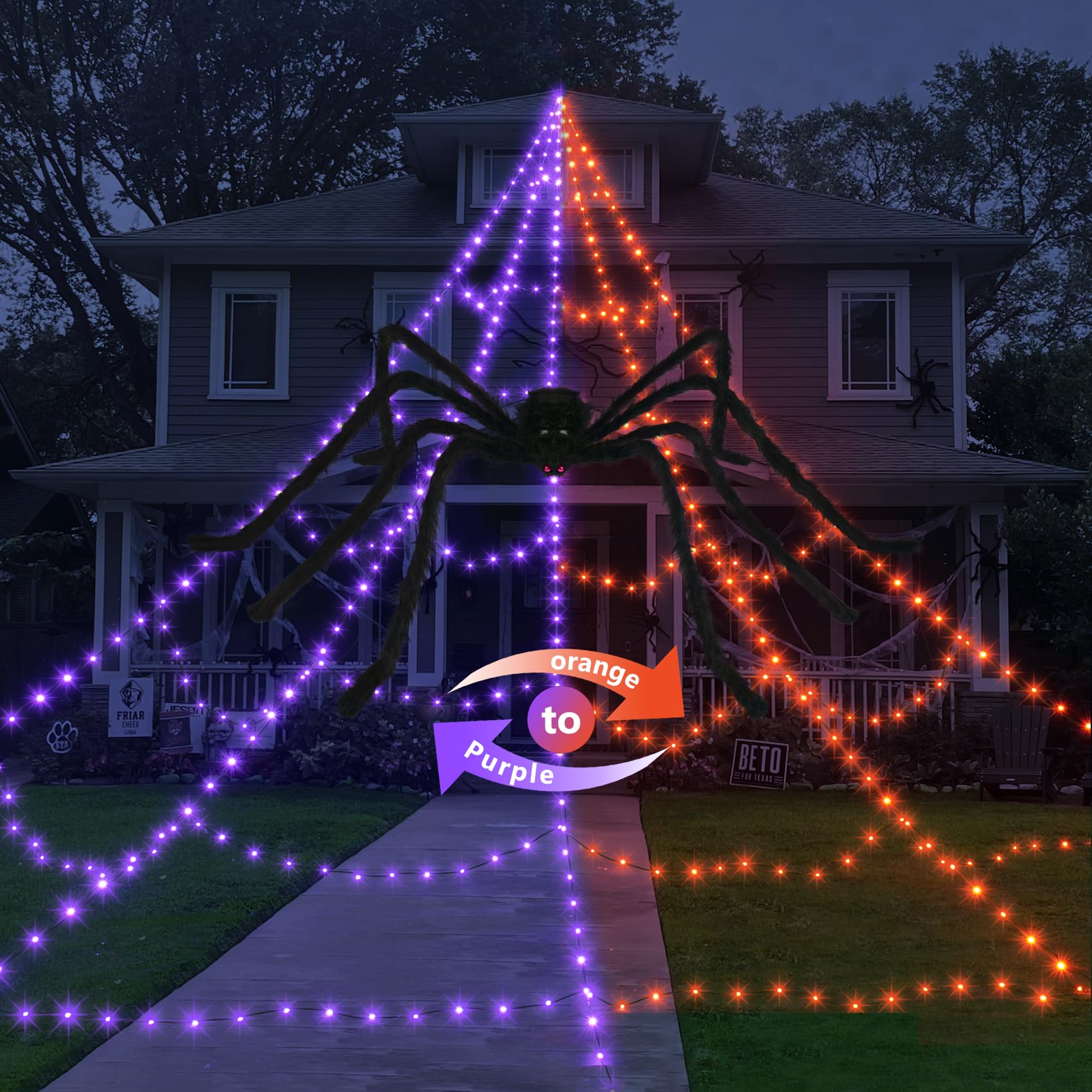 Photo 1 of Spider Webs Halloween Decorations Outdoor 455 LED Halloween Spider Web Lights Decoration with 59" Large Spider & 3.53 oz Stretch Cobweb 11 Lighting Modes 16.4 Ft Light Up Giant Spider Web