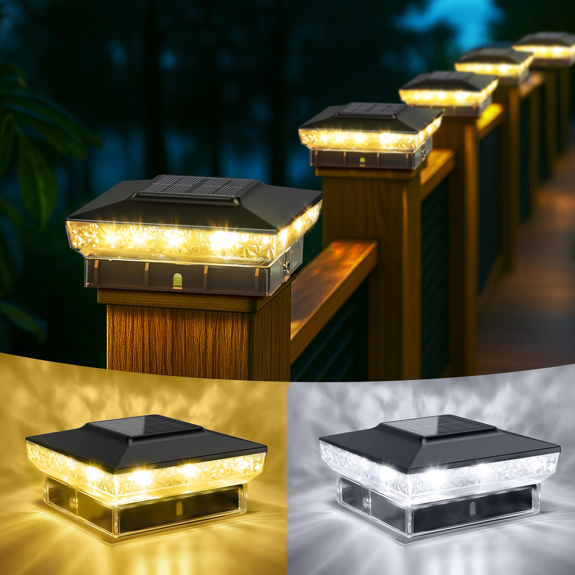 Photo 1 of KEILAIMO Solar Post Cap Lights, 2 Pack Upgraded Outdoor Deck Fence Post Solar Lights for 4x4 5x5 Wood/Vinyl Posts, IP65 Waterproof, 10-12 Hours Warm/Cool White Glow for Garden/Patio/Porch - Black