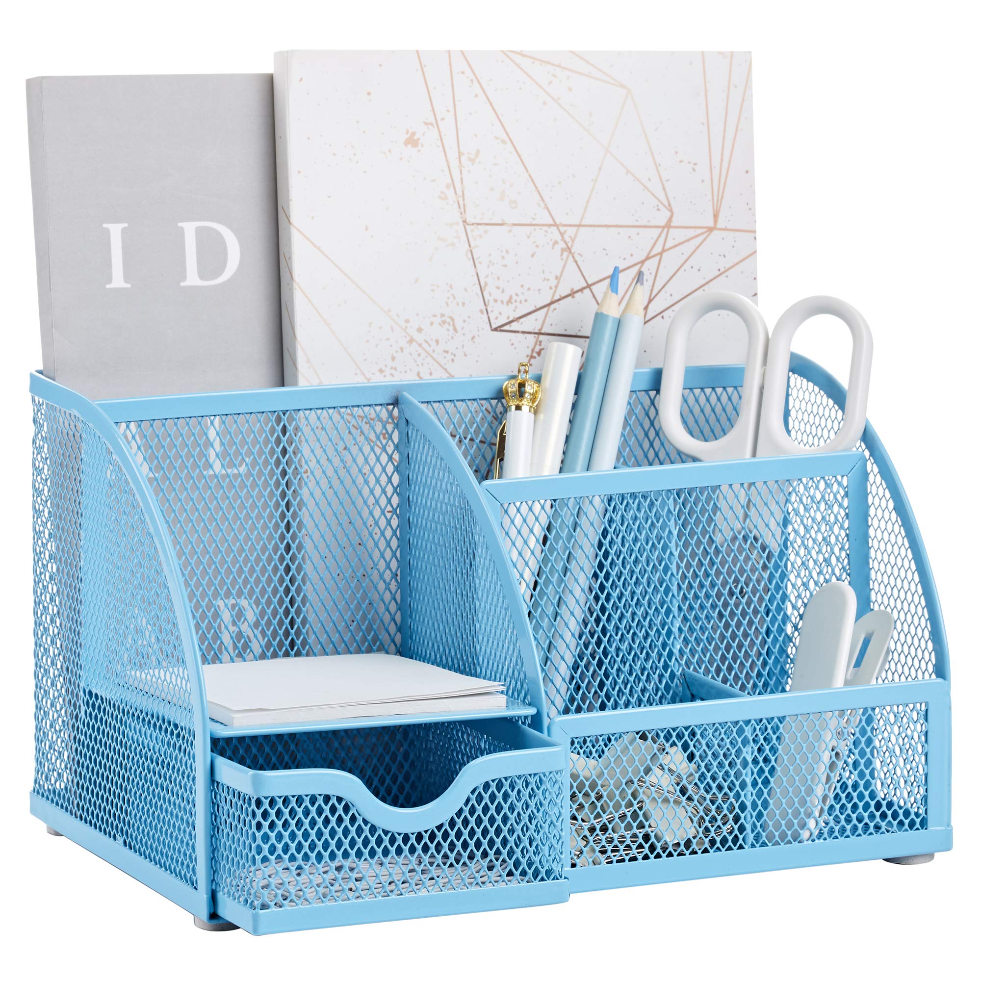 Photo 1 of Annova Mesh Desk Organizer Office with 7 Compartments + Drawer/Desk Tidy Candy/Pen Holder/Multifunctional Organizer (Blue)