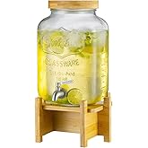 Drink Dispenser with Wood Stand and Lid,2 Gallon Glass Beverage Dispenser with Stainless Steel Spigot for Parties,Picnics,Barbecues,Lemonade,Sun tea Jar,ice coffee,Laundry Detergent Dispenser