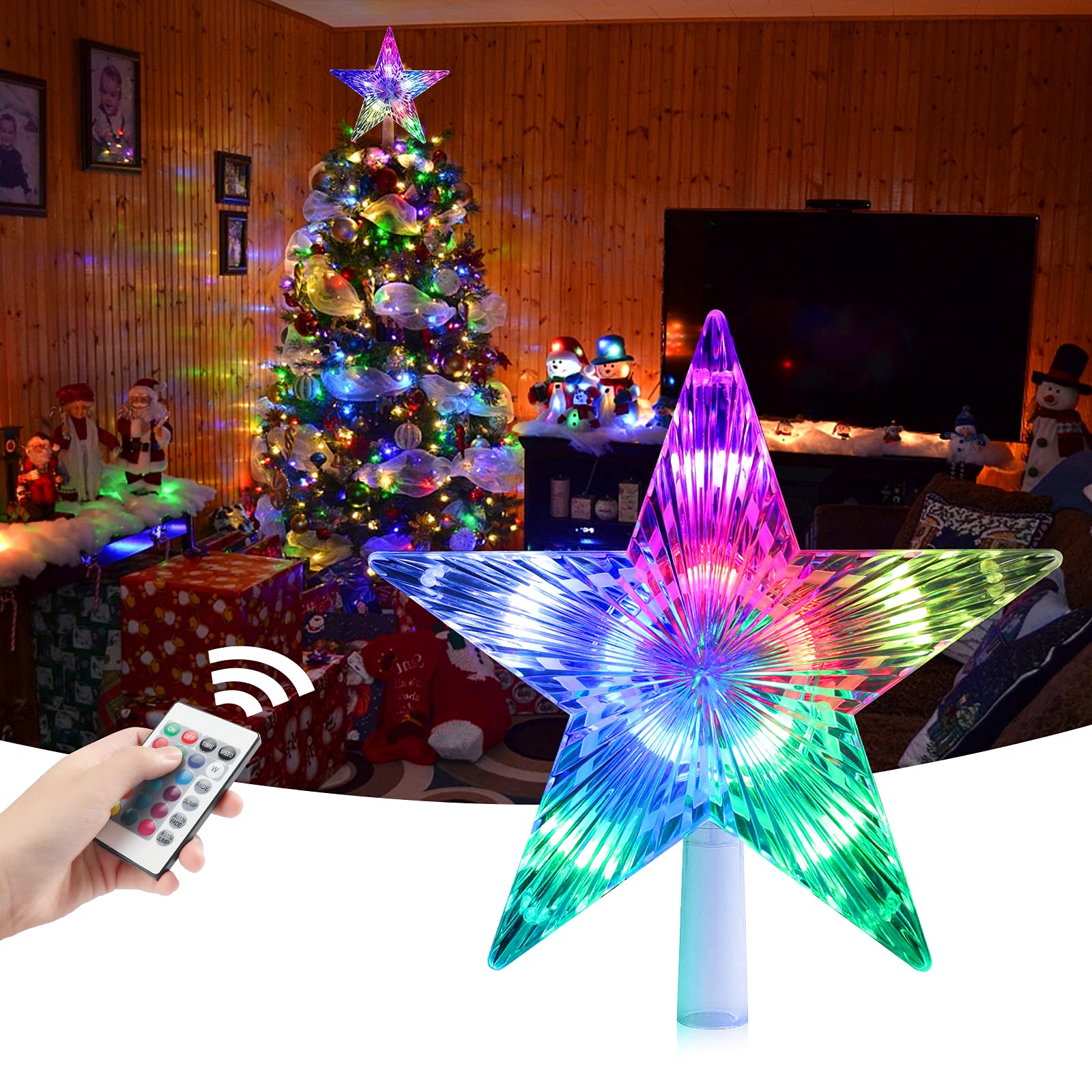 Christmas LED Star Tree Topper Joycabin 9.5 Inch 24 Colours Flash Star Light with Remote Control Christmas star Lights for Xmas Party Tradition Tree Ornament Holiday Indoors Outdoors Decoration