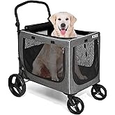 KIKII Extra Large Dog Stroller for Large & Medium Dogs, Adjustable Handlebar and Brakes, 4 Wheels, Reflective, Lightweight Folding, Breathable Mesh, 132 lbs Capacity, for Travel Walking Outdoor