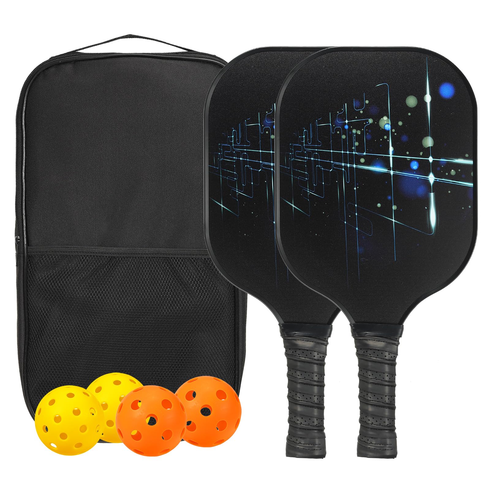 PATIKIL Pickleball Paddles Set, USAPA Approved Fiberglass Surface Pickleball Rackets with Overgrip, 2 Paddles, 4 Pickleballs,1 Carry Bag for Men Women, Black Starlight