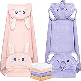 6 PCS Toddler Bath Towel Set for Boy Girl 0-5 Year, 2 PCS Thick Absorbent Hooded Baby Bath Towels Large 55" x 27.5" & 4 PCS Washcloths, Ultra Soft Gift for Infant, Toddler, Kids, Rabbit & Elephant