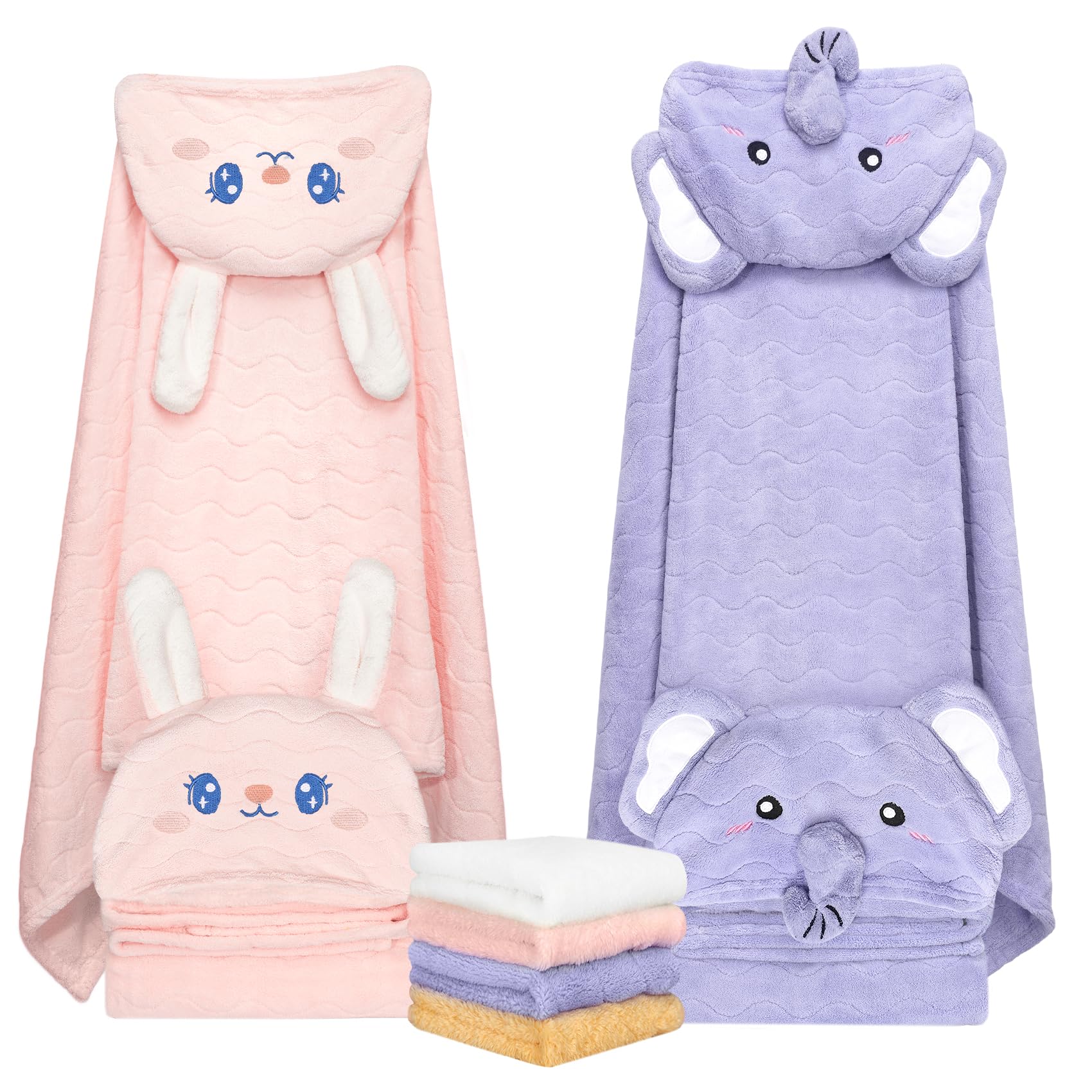 Photo 1 of 6 PCS Toddler Bath Towel Set for Boy Girl 0-5 Year, 2 PCS Thick Absorbent Hooded Baby Bath Towels Large 55" x 27.5" & 4 PCS Washcloths, Ultra Soft Gift for Infant, Toddler, Kids, Rabbit & Elephant