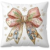 ROXMART Christian Christmas Bow Pillow Covers 18x18, Coquette Christmas Decor, Pink and Gold Preppy Bow Xmas Religious Decorative Pillow Covers for Couch Sofa Bedroom Living Room Home