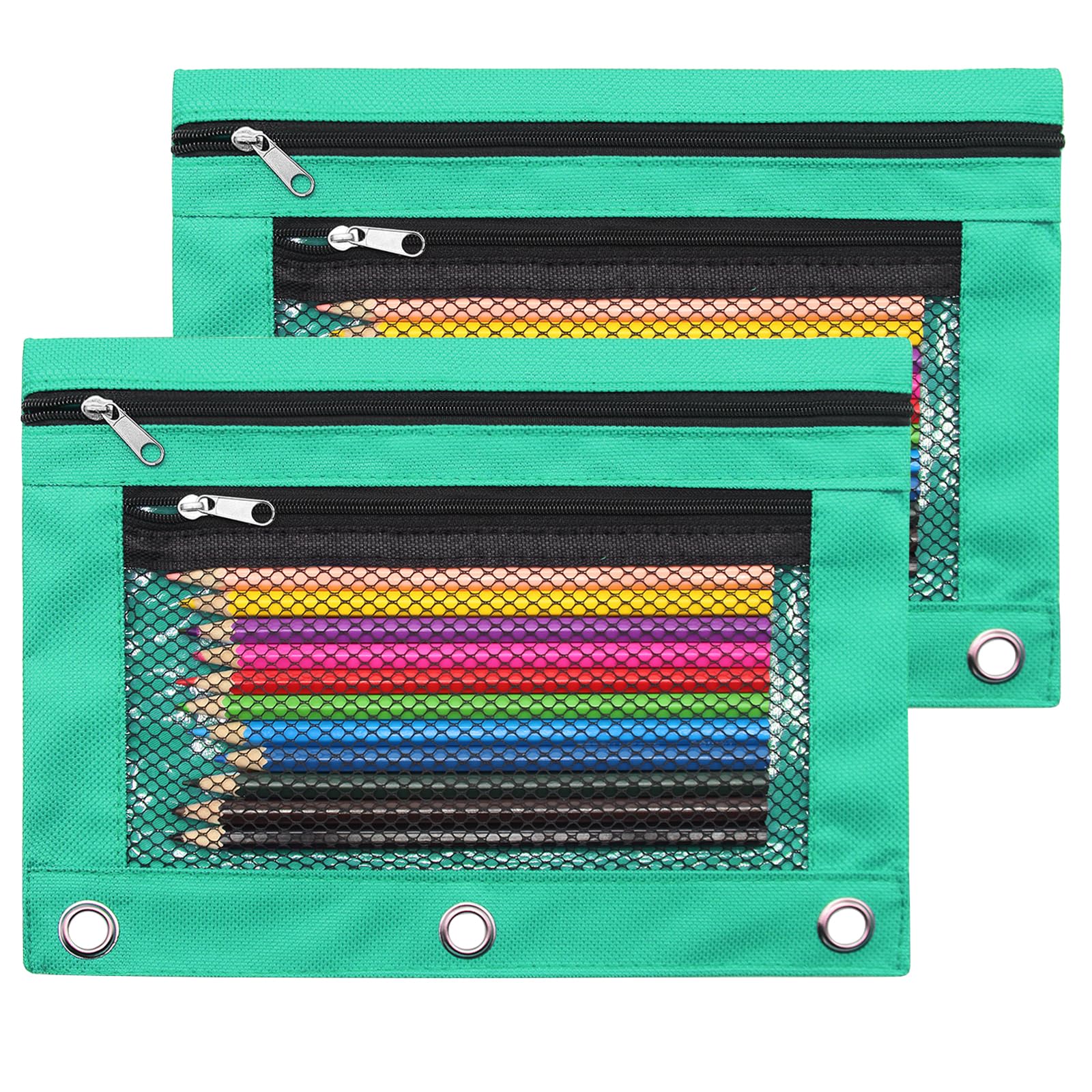 Cinvo Pencil Pouch 3 Ring Binder Pouch Zippered Pencil Case Canvas Pencil Bag with 2 Compartments (Set of 2, Patel Green)