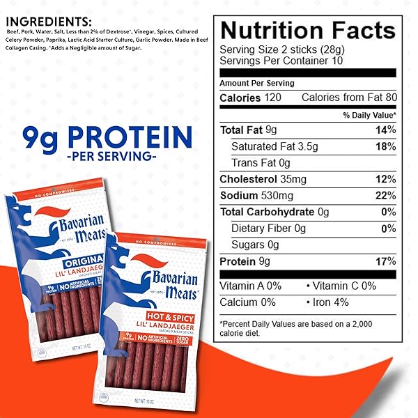 BAVARIAN MEATS LIL’ LANDJAEGER MEAT STICKS, SMOKED SAUSAGE PROTEIN SNACKS, ZERO SUGAR, GREAT SOURCE OF PROTEIN, GLUTEN FREE, KETO FRIENDLY LOW CARB SNACK, 10 OUNCE