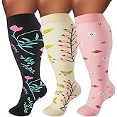 FOFLORA Plus Size Compression Socks for Women & Men 3 Pairs, Wide Calf Extra Large 20-30 mmHg Knee High Support Socks for Travel, Running, Nurse