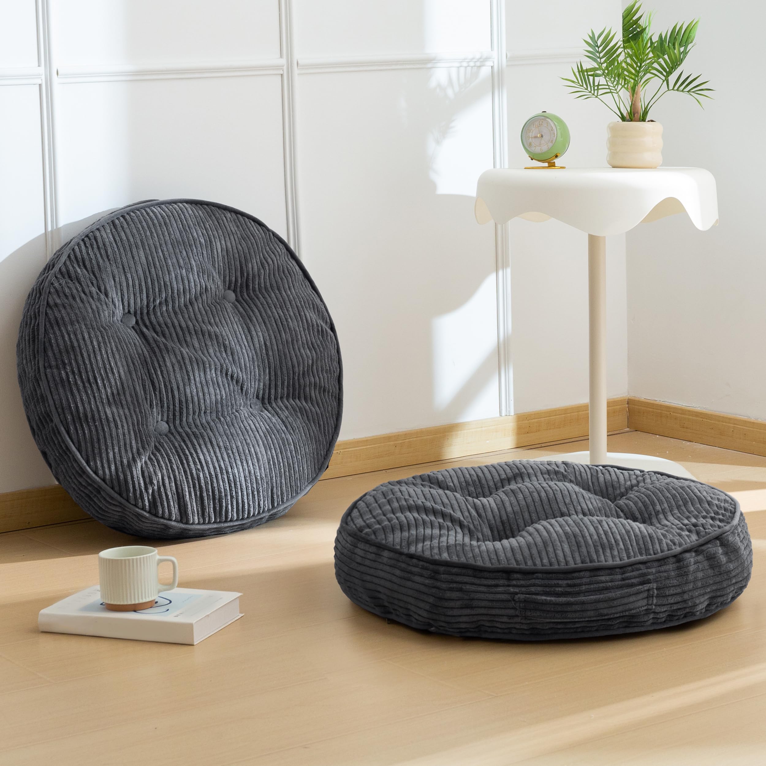 Photo 1 of HIGOGOGO Floor Pillow Cushion for Adults, Meditation Cushion Pillow, Large Round Floor Sitting, Tufted Corduroy Cover, for Tatami Living Room or Yoga, 22x22 Inch, 2Pack, Dark Grey