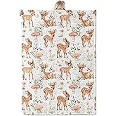 ICAAV Cute Deer Blanket 50×60 Inch,Forest Fawn and Mushroom Print Lightweight Flannel Throw with Woodland on White Background,Spring Rustic Farmhouse Home Decor,Gifts for Girls,Women