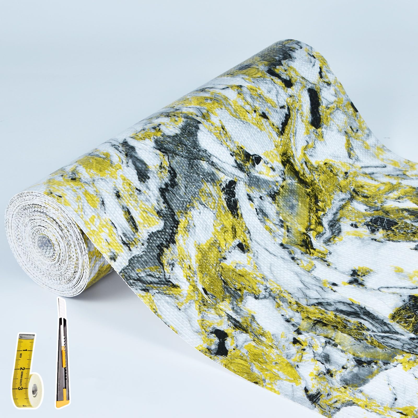 Drawer and Shelf Liner - Yellow Black Marble Pattern,Non Adhesive Non Slip Waterproof Easy-Clean Liner for Kitchen Cabinet, Refrigerator, Bathroom, Pantry Storage Drawers, 12 in x 20 Ft Image