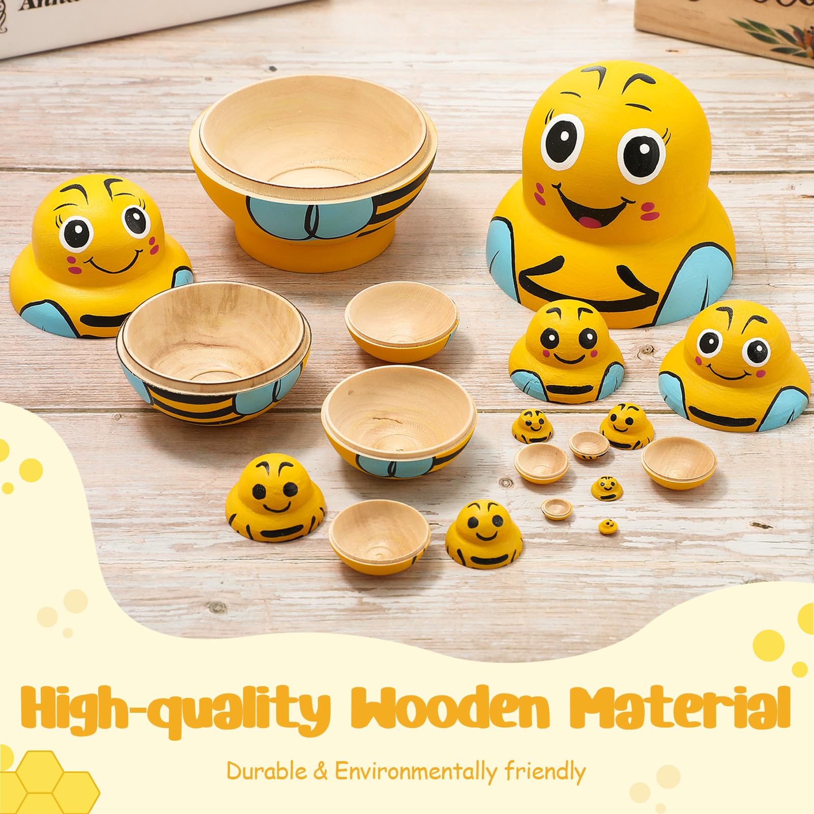 Seenelling 10 Pcs Wooden Handmade Russian Nesting Dolls Toys Animal Russian Cute Nesting Dolls for Christmas Home Decor Birthday Gift(Yellow Bee)