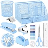 11 In 1 Blue Desk Organizer And Accessories, Light Blue Office Supplies Include Stapler, Tape Dispenser, Pen Holder, Staple Remover, Clips, Ruler, Scissors, Tapes, Tabs