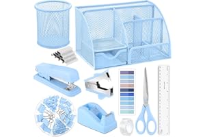 AURORAY 11 in 1 Blue Desk Organizer and Accessories, Blue Desk Accessories Light Blue Office Supplies Include Blue Stapler Blue Tape Dispenser Pen Holder Staple Remover Clips Ruler Scissors Tapes Tabs