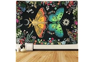 Krelymics Boho Butterfly Tapestry Moon Flowers Plants Tapestries Moth Tapestry Moonlit Garden Tapestry for Bedroom Aesthetic Vintage Tapestry Wall Hanging for Living Room(51.2 x 59.1 inches)