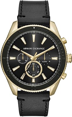 Relógio masculino armani exchange, movimento cronógrafo de quartzo, caixa de aço inoxidável dourada de 46 mm com pulseira de couro, ax1818