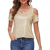 Womens Sparkly Sequin Top V Neck Cold Shoulder Glitter Short Sleeve Dressy Party Blouse Shirts