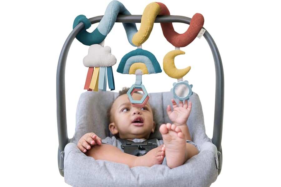 Itzy Ritzy Spiral Car Seat & Stroller Activity Toy - Stroller & Car Seat Toys for Ages 0 Months and Up - Hanging Toys Include Clinking Rings, Mirror and Textured Ribbons (Rainbow)