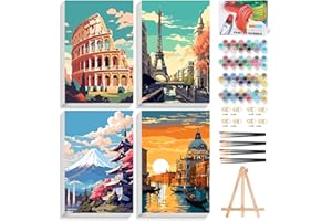 Offito 4 Pack Framed Paint by Numbers Kit for Adults Beginners with Wooden Easel, Landscape Easy Paint by Number Kit with Frame, Watercolor Adult Paint by Number Framed Canvas (8 * 12 Inch)