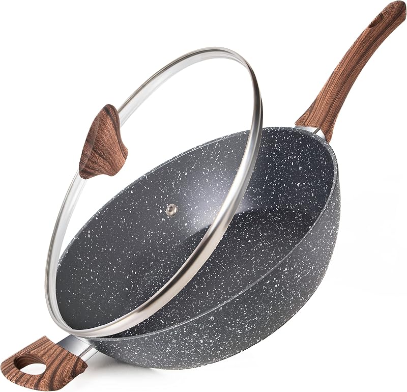 nuovva Non Stick Saute Pan 28cm Induction with Lid Marble Coating