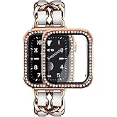 Mosonio Compatible for Apple Watch Band 46mm with Screen Protector Case Women, Jewelry Metal Chain with 2P Bling Case Cover for iWatch Series 11 10(Rose Gold Link with White Leather)