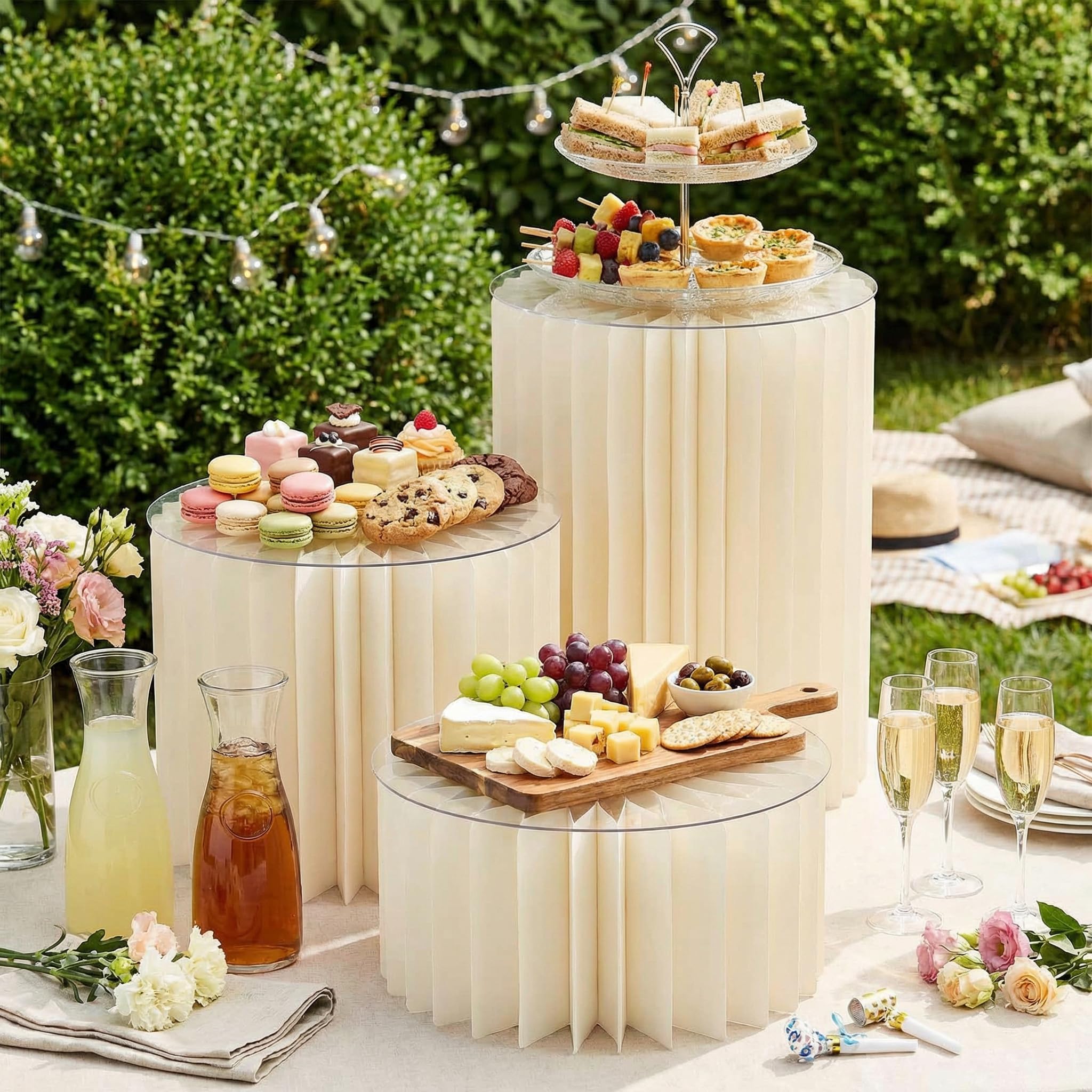 Photo 1 of 3PCS Cylinder Stands for Party with Acrylic Plates, Foldable Cylinder Pedestal Stand, Buffet Risers, Food Risers for Buffet Table, Weddings, Baby Showers, Birthday, Events Centerpieces Decor (5.9"+9.8"+15.7")