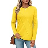 YUCOLEN Long Sleeve Shirts for Women Pleated Crew Neck Cotton T Shirts Solid Color Soft Casual Basic Tees Fall Trendy Tops
