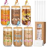 Yetene 6 Sets You're Turtley Awesome Appreciation Gifts Valentine Day Gift 16 oz Glass Cups with Lids Straw Brush Present Box Straw Caps and Card Thank You Gift for Coworker Staff Team Employee Women