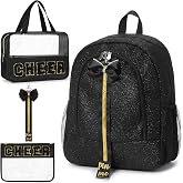 Hosuly 4 Pcs Cheer Backpack Set Glitter Backpack Letter Patch Clear Travel Bag Makeup Bag Pin Strap Cheer Stuff Accessories(Black)
